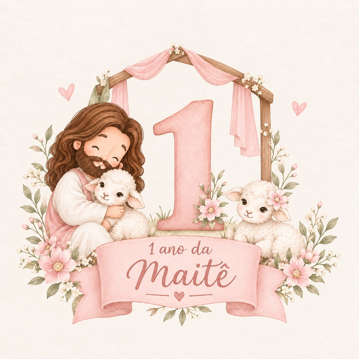 Ilustração de Jesus com as ovelhinhas celebrando 1 ano da Maitê